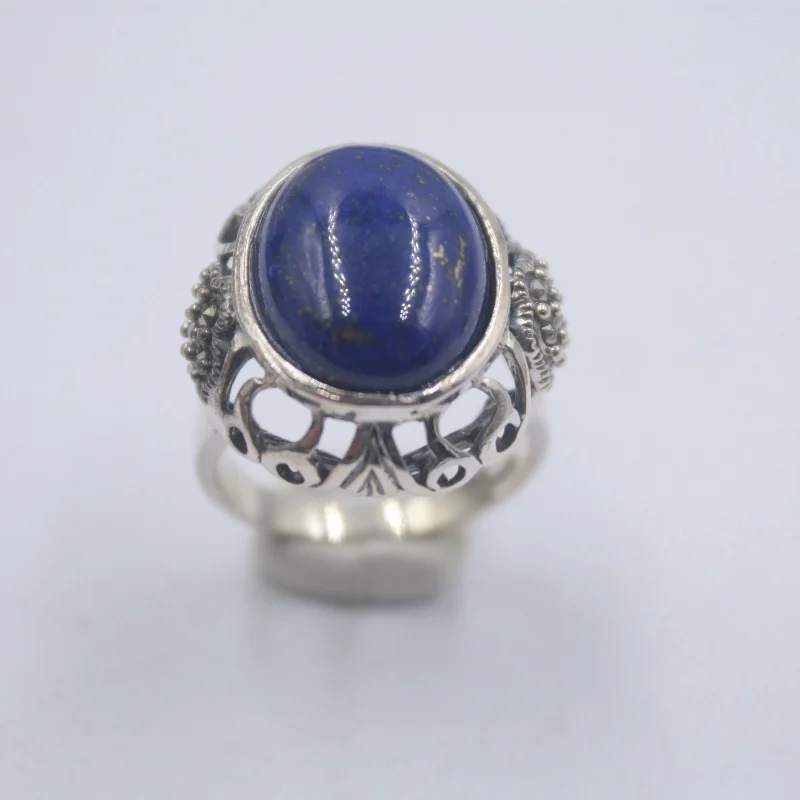 Solid S925 Sterling Silver Women Ring Lapis Lazuli Oval Perfect Flower Ring 21mmW US6-10
