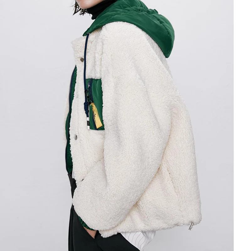 Winter Lambskin Fleece Stitching Jacket Jacket Zipper Hoodie Thick Warm Boyfriend Fashion Street Hooded Polar Fleece Casual Coat enlarge