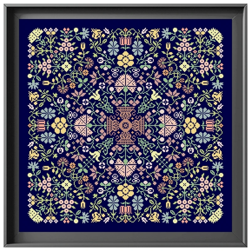 Kit de punto de cruz con patrón de flores, bordado de lienzo azul profundo, decoración de pared de costura artesanal, 18ct, 14ct, 11ct