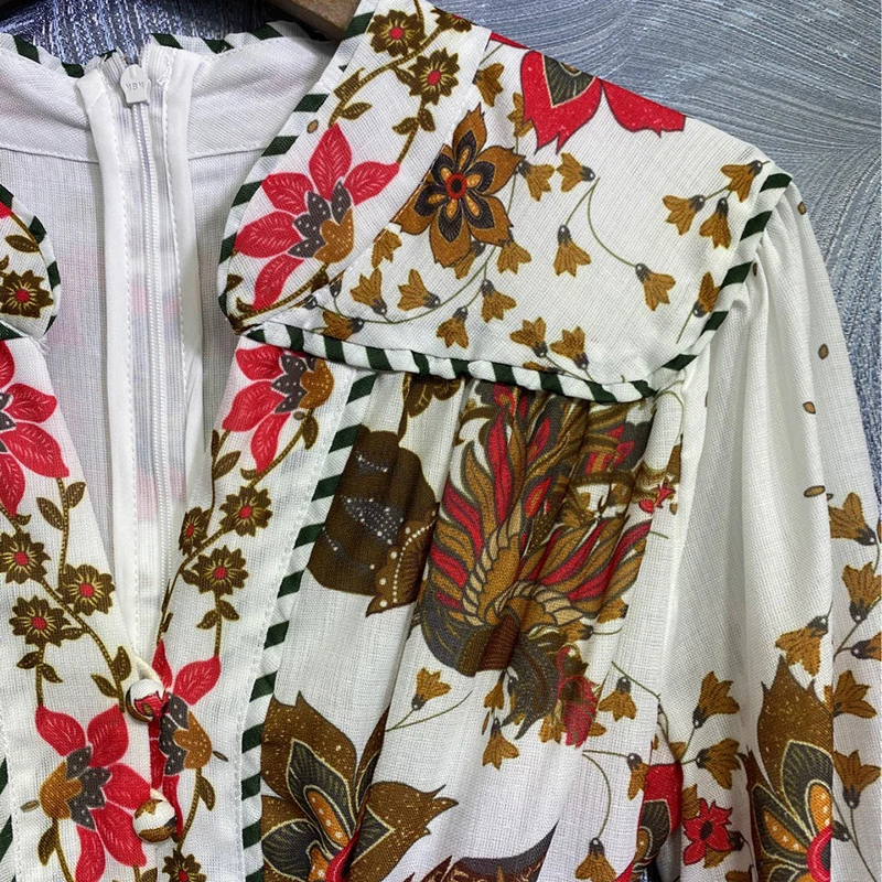 

Seifrman Women Summer Fashion DesignerParty Midi Dress Bow Sashes Lantern Sleeve Floral Print Ladies A-Line Dresses vestidos