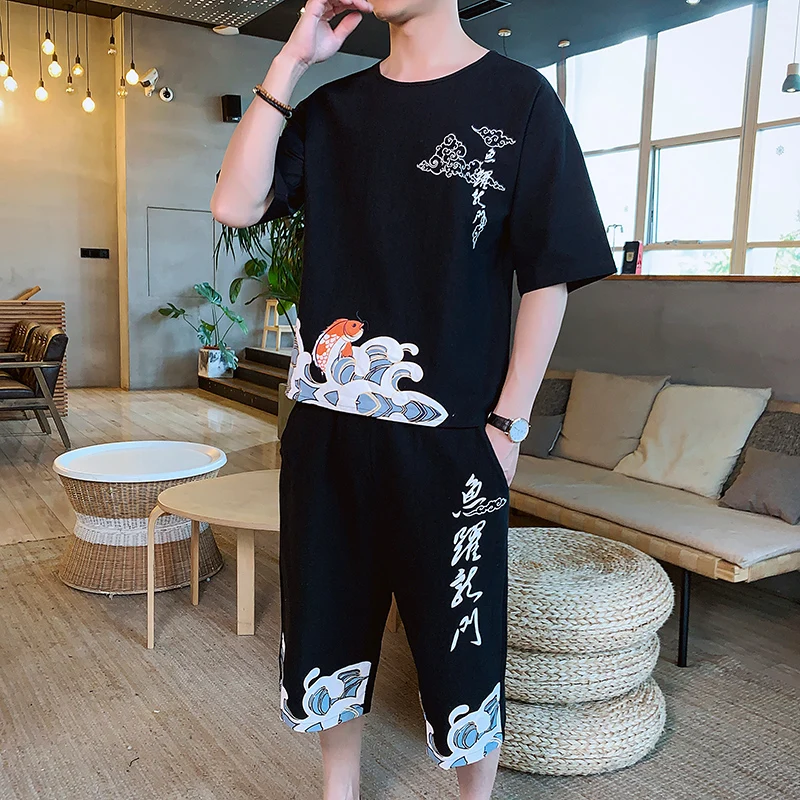 Летняя Новинка футболка с короткими рукавами в китайском стиле + шорты мужской