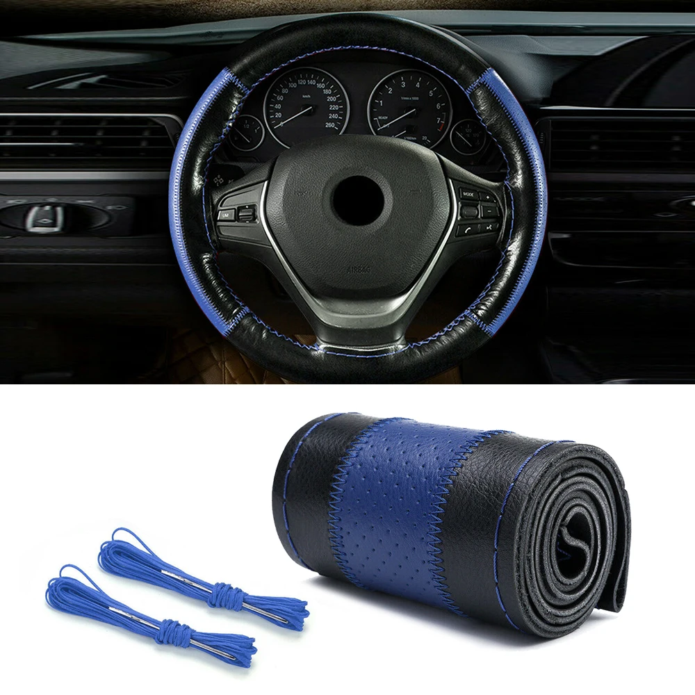 

Car Steering Wheel Cover LeaPopr DIY W/ Needles Thread Black+Blue Accessories High Quality
