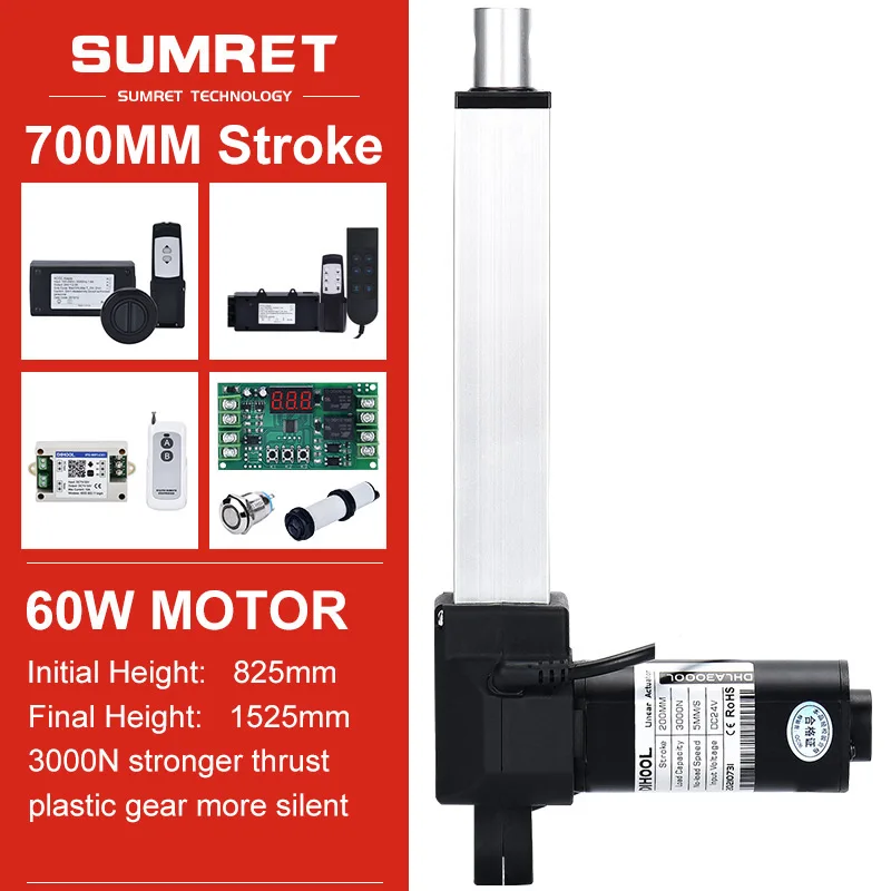 

700mm Stroke Electric Linear Actuator Kit 3000N Fast 66mm/s DC12V 24V Motor Wireless Remote Controller Reciprocating UP Down