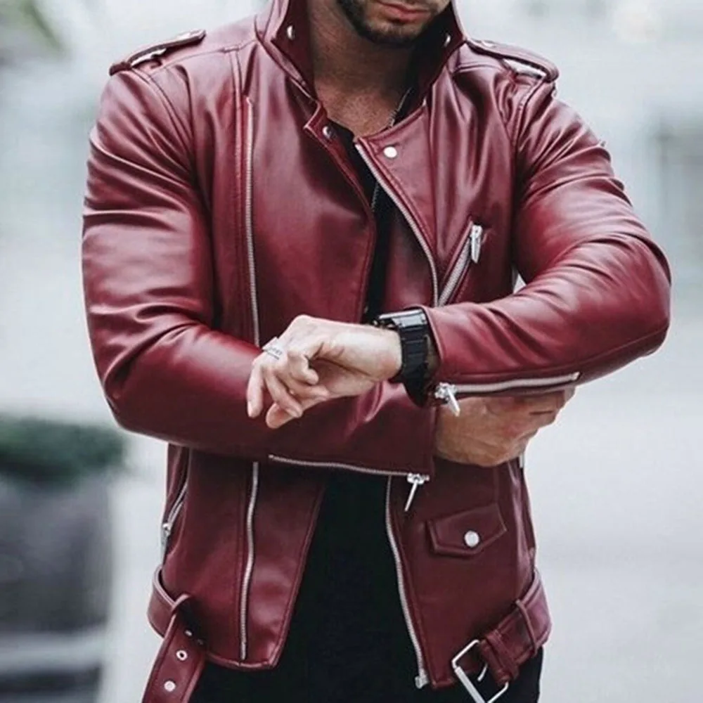 Мужская винтажная кожаная куртка черная Повседневная байкерская из