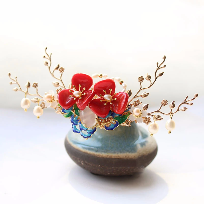 Шпилька для волос с красными цветами и пресноводным жемчугом|Украшения волос| |