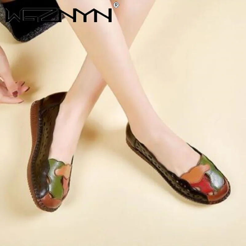 

2021 Mother Women Shoes Sandals Flats Hollow Out Genuine Leather Slip on Loafers Casual Vintage Plus Size 41 Zapatillas Mujer