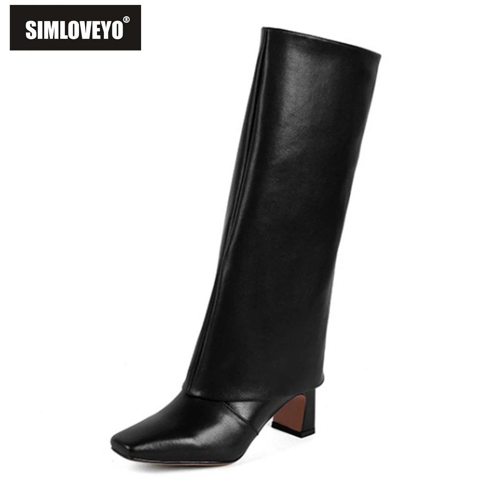 

SIMLOVEYO 2021 Новые осенне-зимние женские сапоги из натуральной кожи, сапоги до колена, с острым носком, с отложным воротником, на молнии, с квадра...