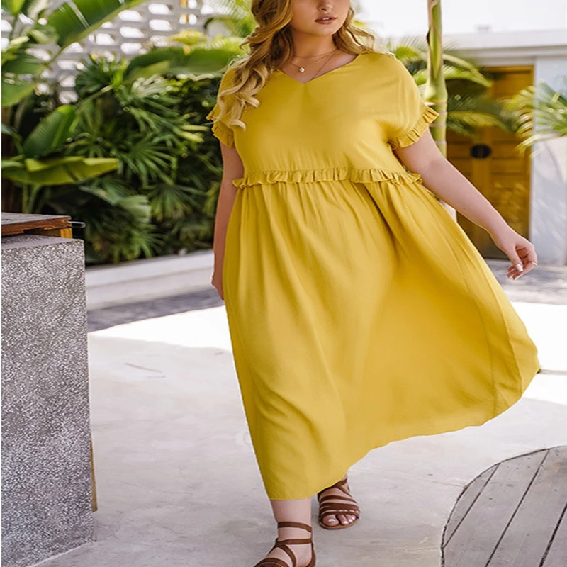 

2020 summer new product plus size dress 4XL-8XL fashion women's V-neck short-sleeved ruffled solid color casual dress bust 136CM