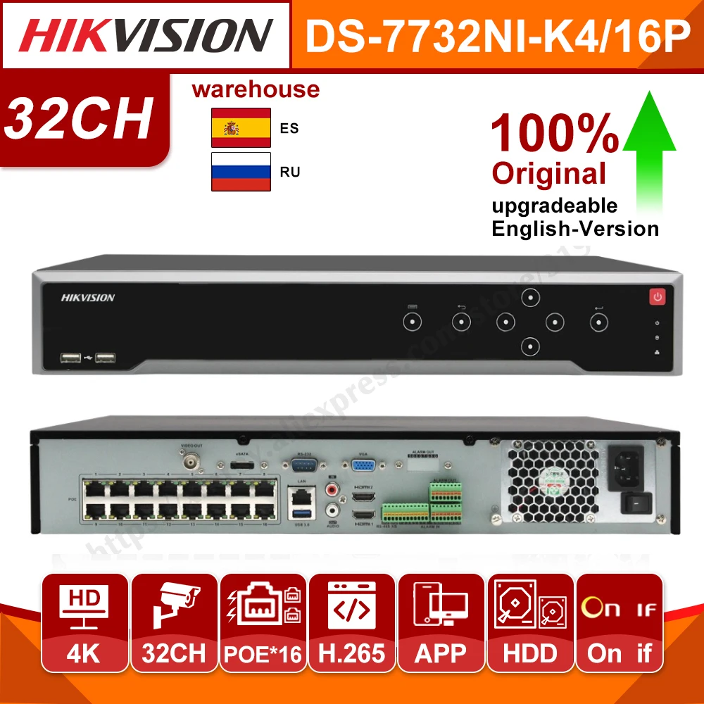 

Hikvision Original 32CH POE NVR DS-7732NI-K4/16P 16CH H.265 8mp POE NVR for IP Camera Support Two Way Audio 4 SATA HIK-CONNECT