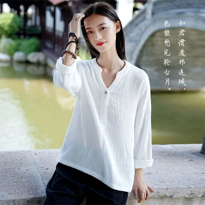 

2021 New Fashion Chinese Style Vinatge Tops Women's Solid Cotton Blouse Female Blusas Elegant Long Sleeve Shirts