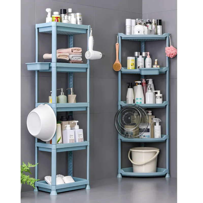 

Floor-standing kitchen organizer bathroom plastic triangle storage racks plus high-level grack shelf