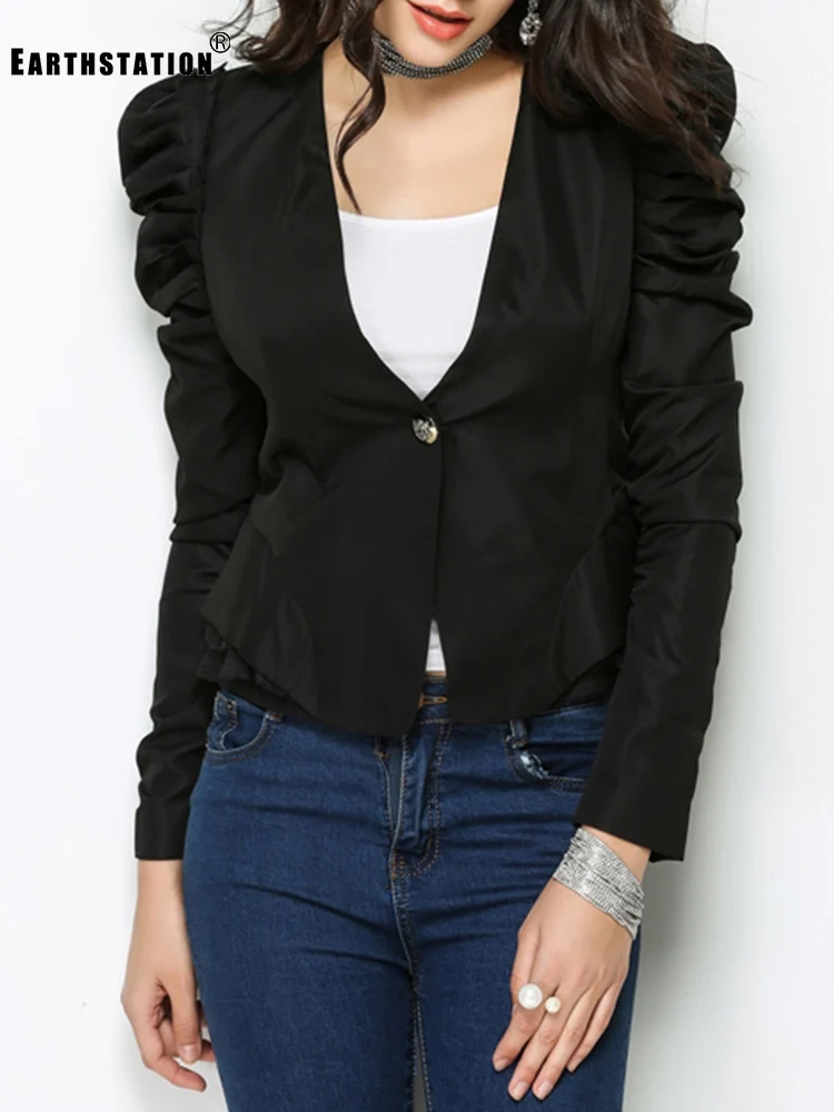 

Сексуальный, V-образный вырез, ретро, ​​однотонный, объемные рукава, высокая талия, оборки, юбки, короткие пальто, женские, осенние новинки, м...