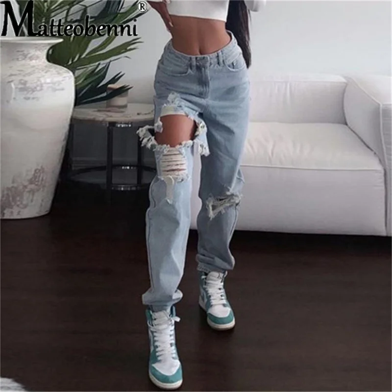 

2021 Women's Summer High Waist Jeans Straight-Leg Ripped Hollow Out Slim Denim Pants Ladies Street Casual Clothing Trousers