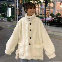 2021 autumn winter new womens jacket stand up collar long sleeves solid lamb wool korean style loose fleece thick coat