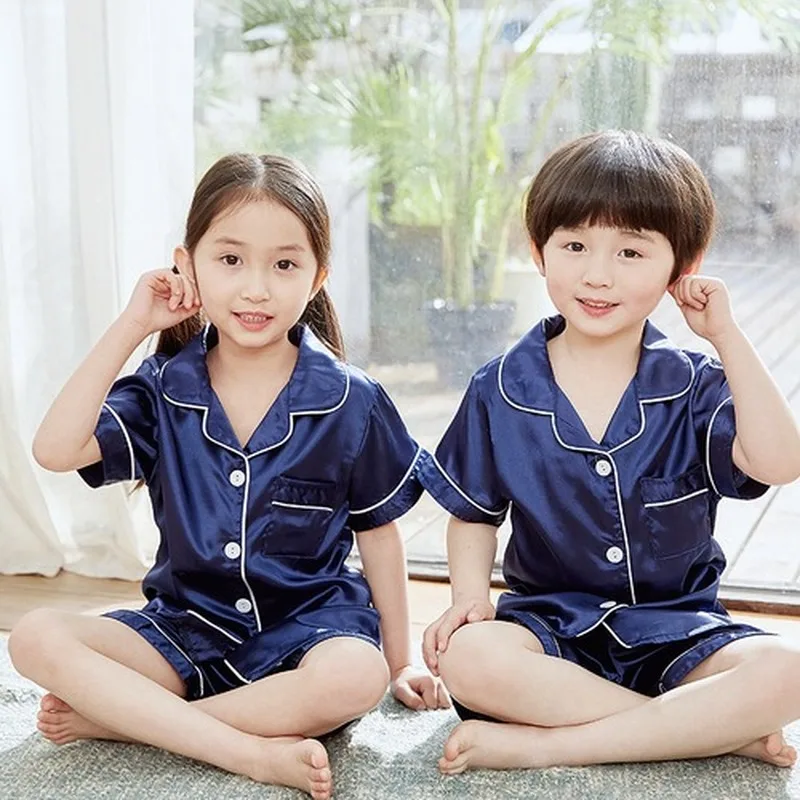 

Boys Silk Pajamas Set Summer Short Sleeve Homewear Suit Children's Clothing Girl Sleepwear Satin Kids Soild Pyjamas Sets
