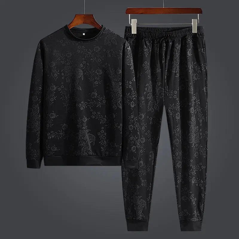 

2020 autumn new personality simple jacquard round neck long sleeve vests pants two-piece men's Outfits tide