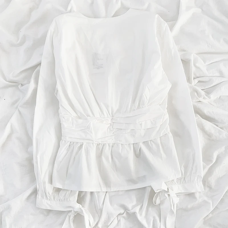 

Kimutomo Elegant Vintage Blouse and Shirt Women V-neck Bow Long Sleeve Slim Waist Tops Ladies Spring 2021 Korean Chic New