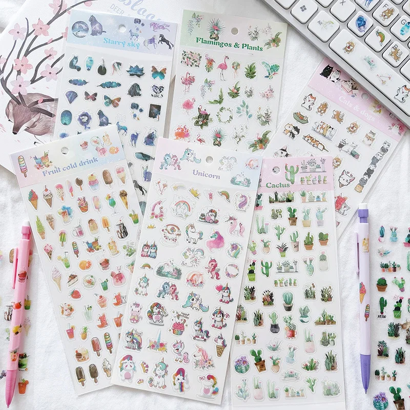 1 Sheet Kawaii Cat Cactus Fruit Drink Starry Mini Decorative Stickers Notebook Decoration | Канцтовары для офиса и дома