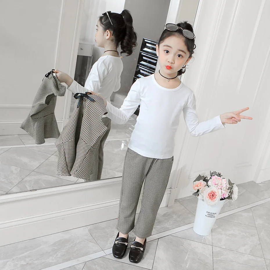 Детская одежда клетчатый жилет для девочек штаны и футболка костюм кардиган