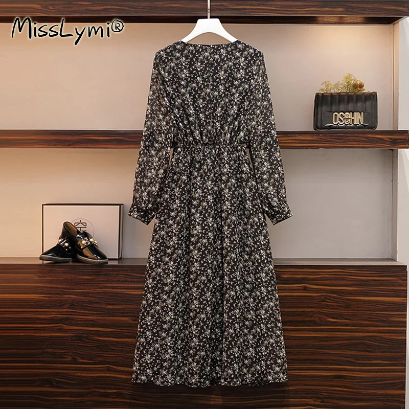 

4XL Plus Size Women Floral Dress Autumn 2020 Korean V-Neck Puff Long Sleeve Elastic Waist Loose Print Chiffon Midi Dresses