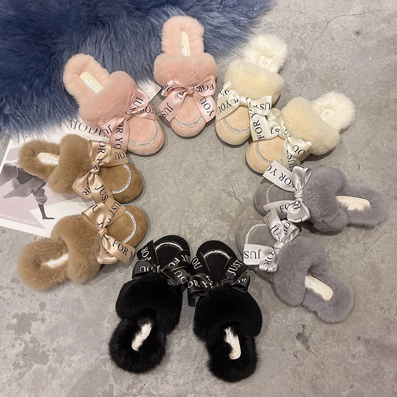 

SYNXDN Winter Women House Slippers Faux Fur Flat Warm Shoes Furry Bow Non-slip Mules Closed Toe Pink Fuzzy Slippers For Female