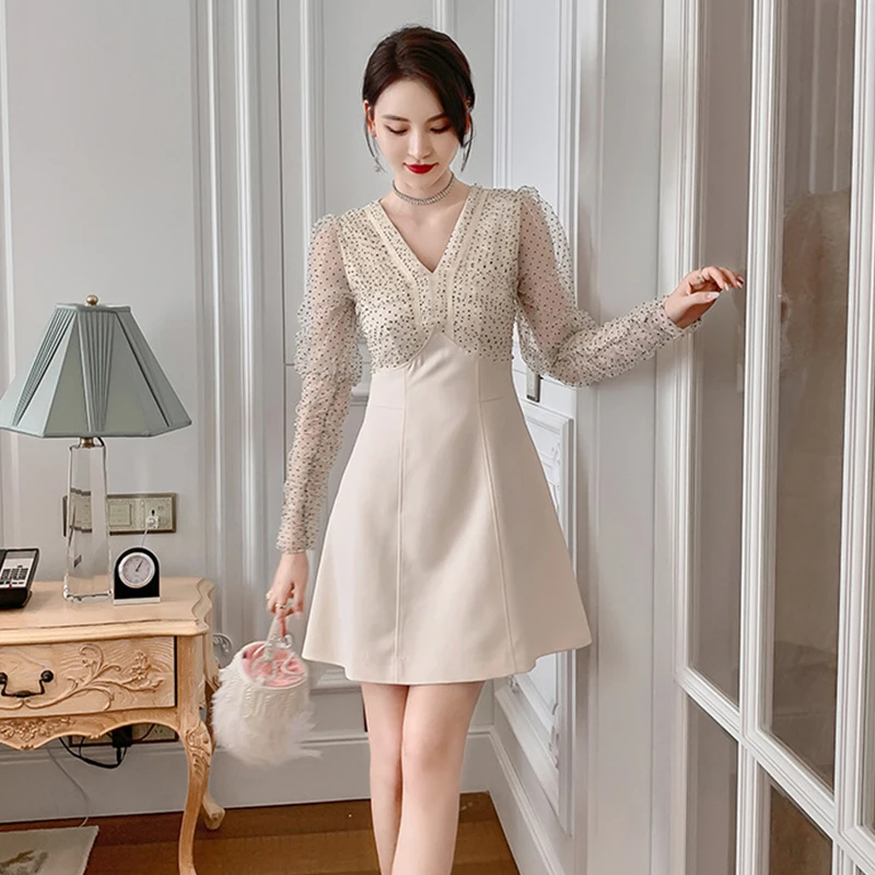

Fashion Korean Women OL Vintage V-Neck Puff Sleeve Mini Party Dress Elegant Sexy Mesh Perspective Dot Folds Short Female Dress