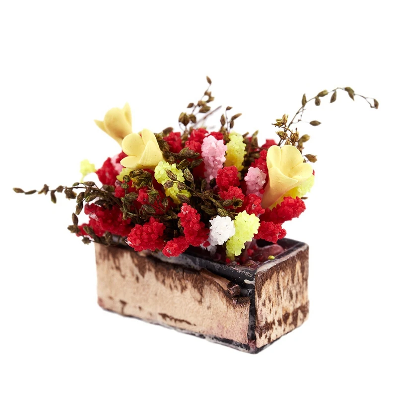 

2 Pcs 1/12 Dollhouse Miniature Decorations: 1Pcs Multicolor Flower Bush with Wood Pot & 1 Pcs Antique Wall Mount Phone