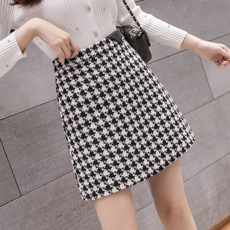 

2021 Autumn Winter New Women Fashion Elegant Houndstooth Woolen Skirt High Waist All-match Mini Short A-Line Skirts Female Y633