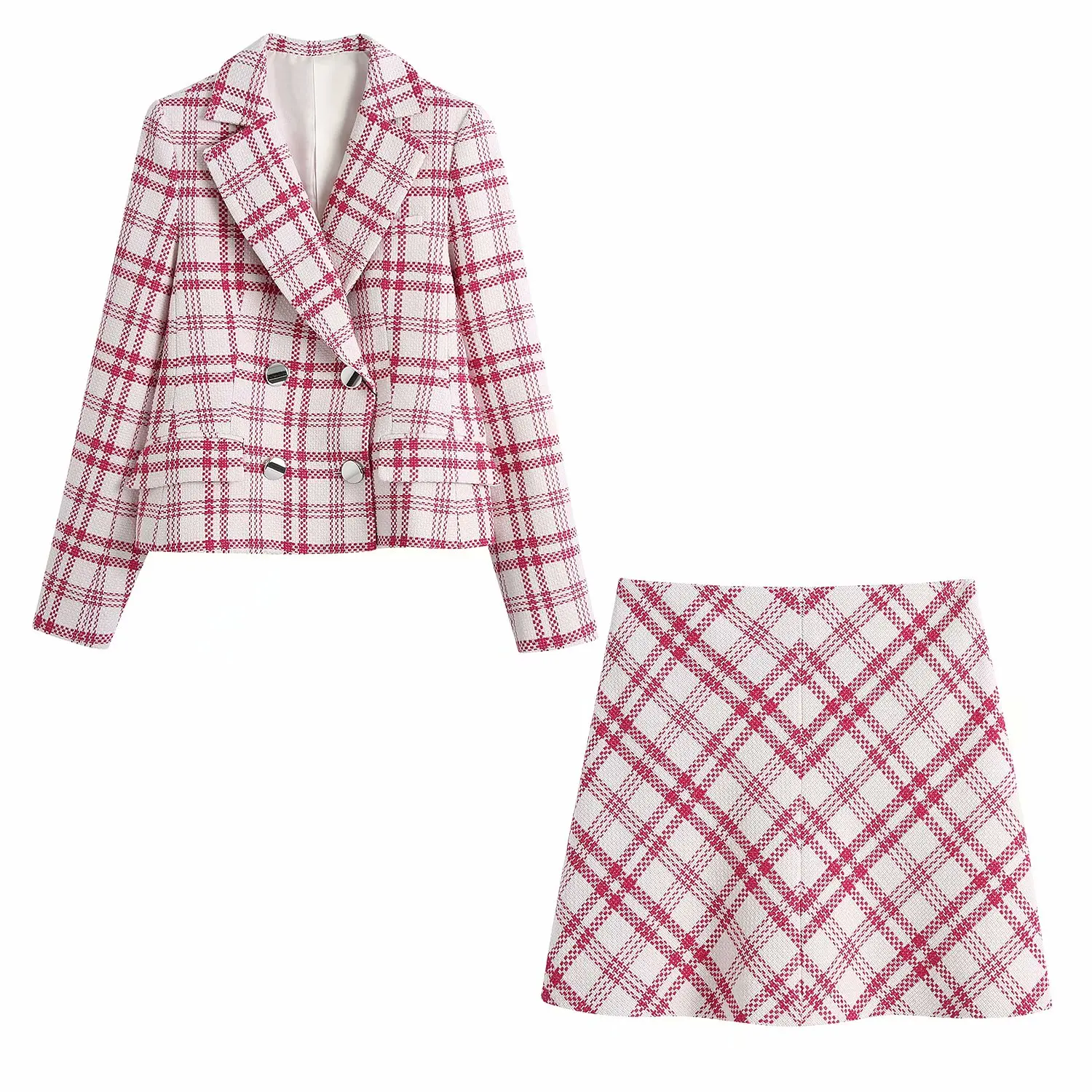 

2021 New Women 2 piece set suit Checkered Blazer and Mini Skirt Elegant High Fashion Chic Lady Woman two piece blazer skirt set