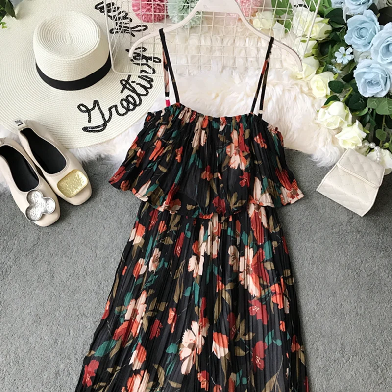 Women Summer Bohemian Jumpsuit 2020 Ankle-Length Holiday Chiffon Ruffles Spaghetti Strap Beach Style Print Jumpsuits Rompers
