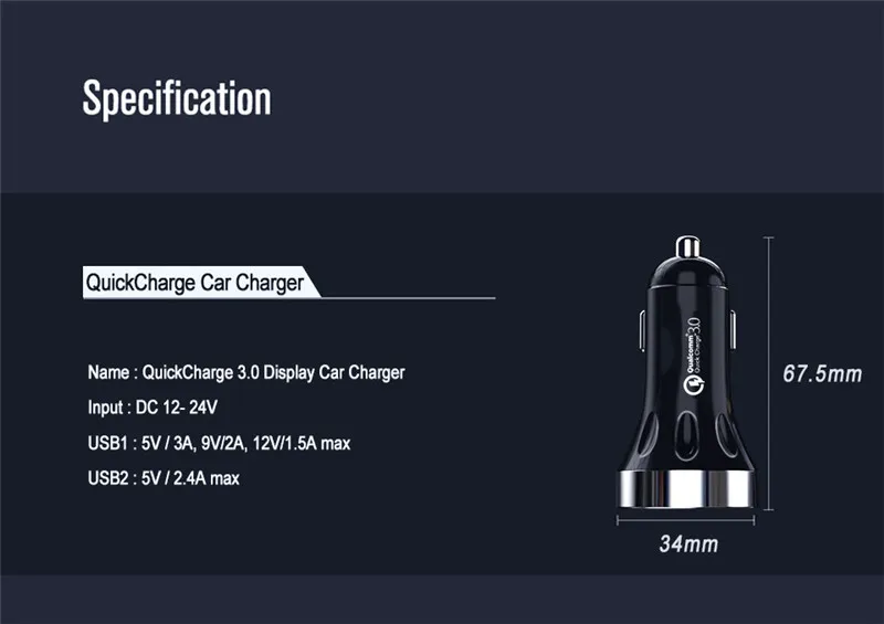 Автомобильное зарядное устройство 3 0 A с двумя usb портами быстрая зарядка QC