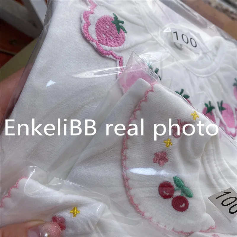 EnkeliBB/белая блузка с длинными рукавами в Стиле Лолита для маленьких девочек; базовые Топы с вышивкой клубники и вишни; качественные белые блузки для маленьких девочек