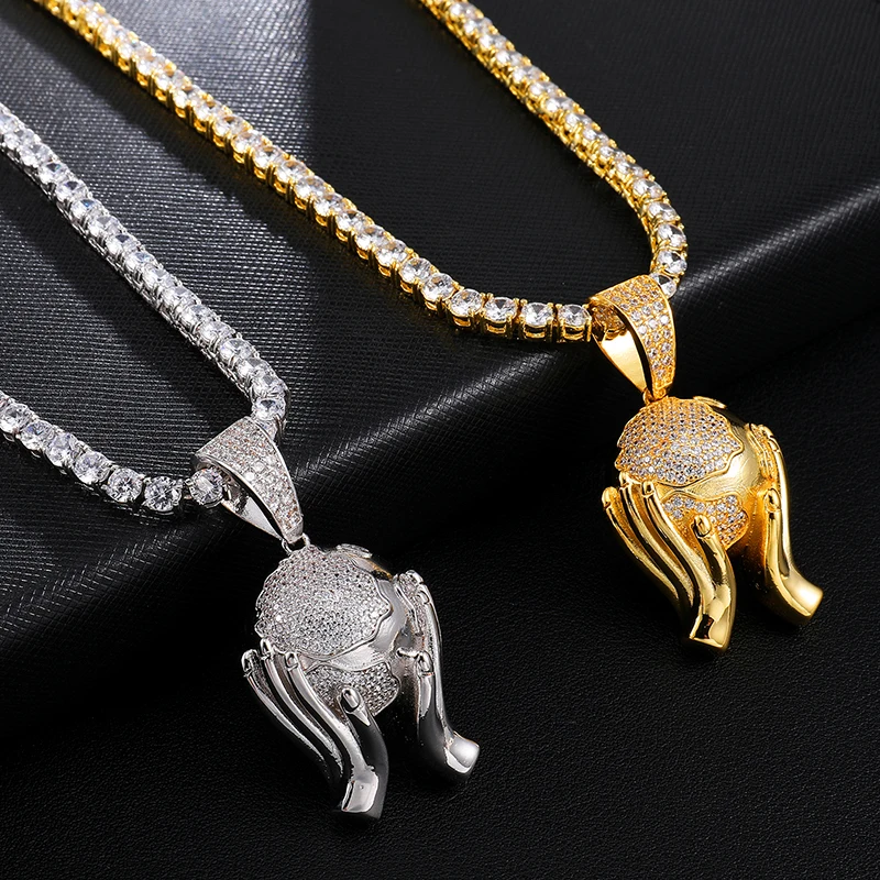 

US7 Bling Iced Out Hand Holding Earth Pendant&Neckalces Micro Paved CZ Neckalce For Man Hip Hop Jewelry