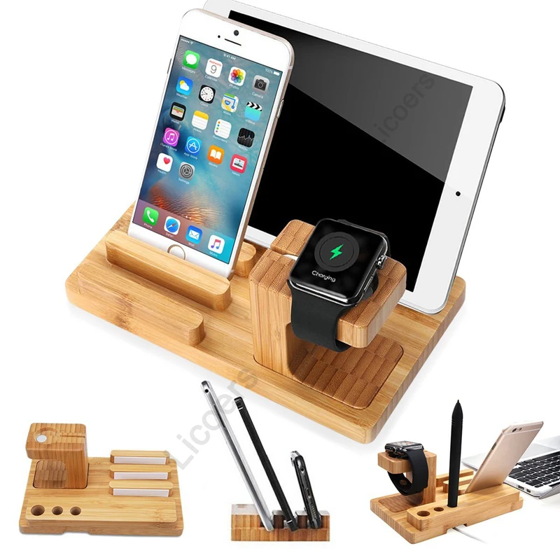 3 in 1 bamboo wooden charging station for iphone mobile phone holder stand charger stand base for apple watch ipad storage box free global shipping