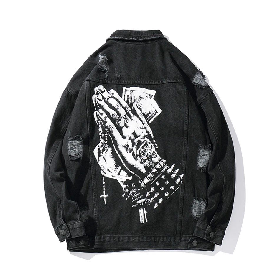 Харадзюку ручная печать Hole Chaqueta Hombre уличная джинсовая куртка мужская с отворотом
