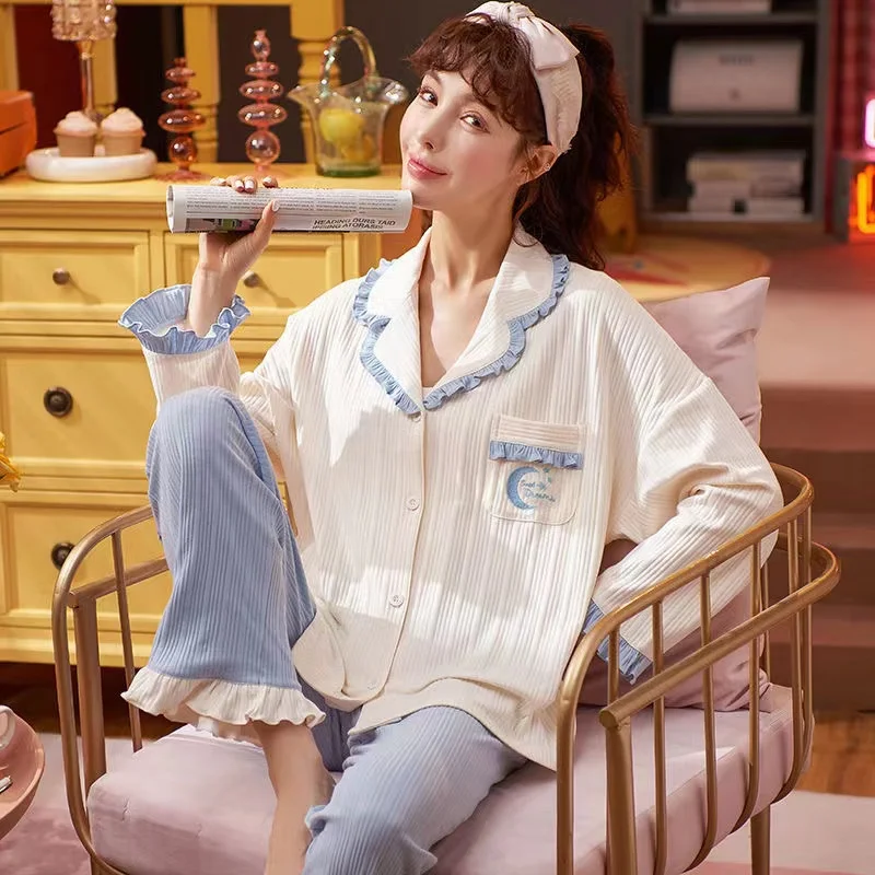 Spring Autumn Women's Pajamas Set 100% Cotton Sleepwear Long Sleeve Trousers Pyjamas Suits Female Sleep Lounge Pajama
