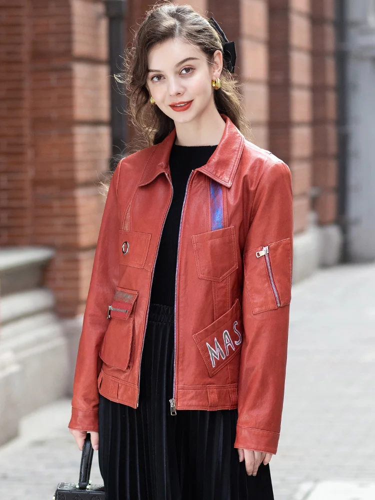 

2021 spring and autumn new sheep skin short motorcycle jacket fashion casual hand-painted leather women 502w