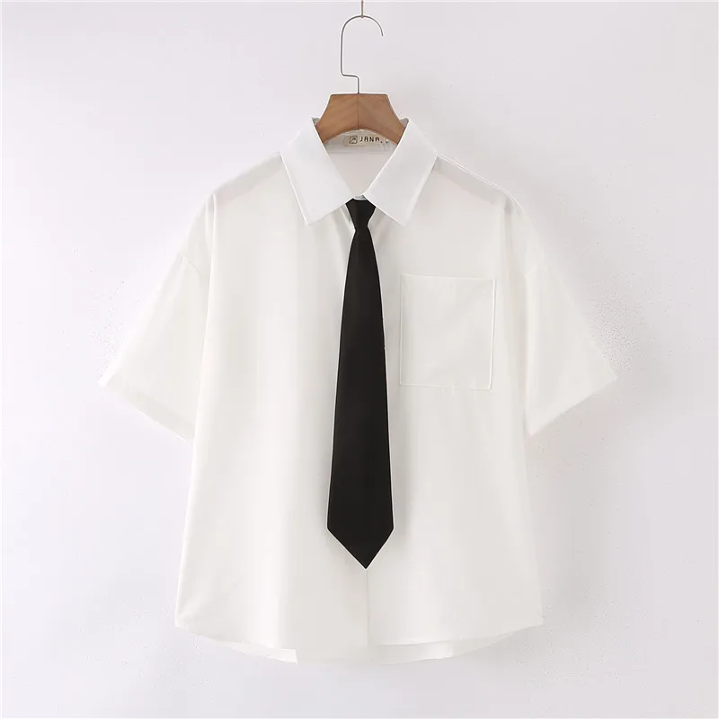 

Woman Tshirts Blouses Shirt Short Sleeve Solid White Tops with Tie Bow Japanese Korean JK Style Female Shirts Lapel Blusas
