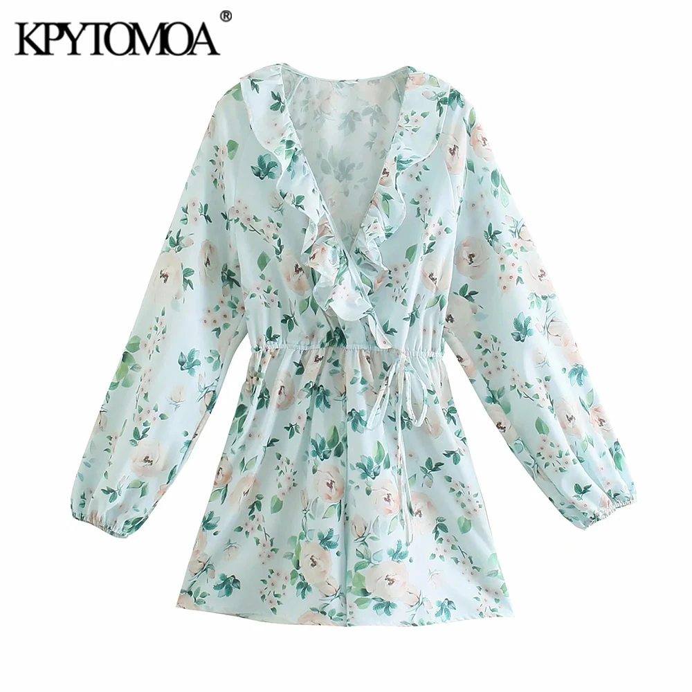 

KPYTOMOA Women Fashion With Ties Floral Print Ruffled Playsuits Vintage V Neck Long Sleeve Female Jumpsuits Mujer