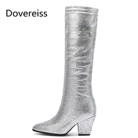 dovereiss fashion womens shoes winter new silver gold pointed toe sexy slip on elegant concise mature knee high boots 34 39