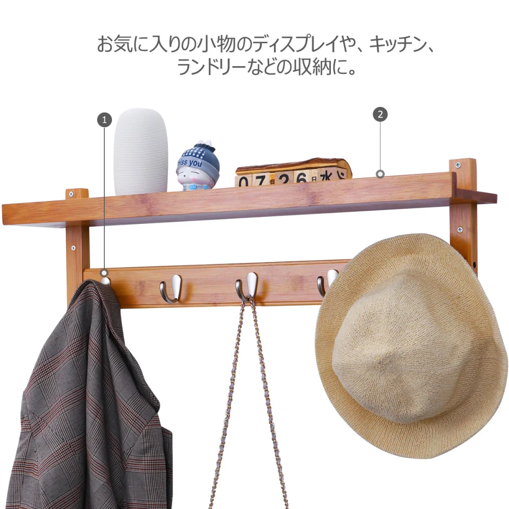 

HOMEMAXS Wall Shelf with Hooks Coat Rack Wall-Mounted Bamboo Wooden Hook Rack Natural (74x18x12cm)