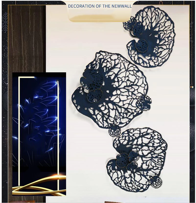 

European Wrought Iron Blue Leaf Wall Mural Decoration Hotel Porch Wall Hanging Crafts Home Livingroom Wall Sticker Ornaments Art