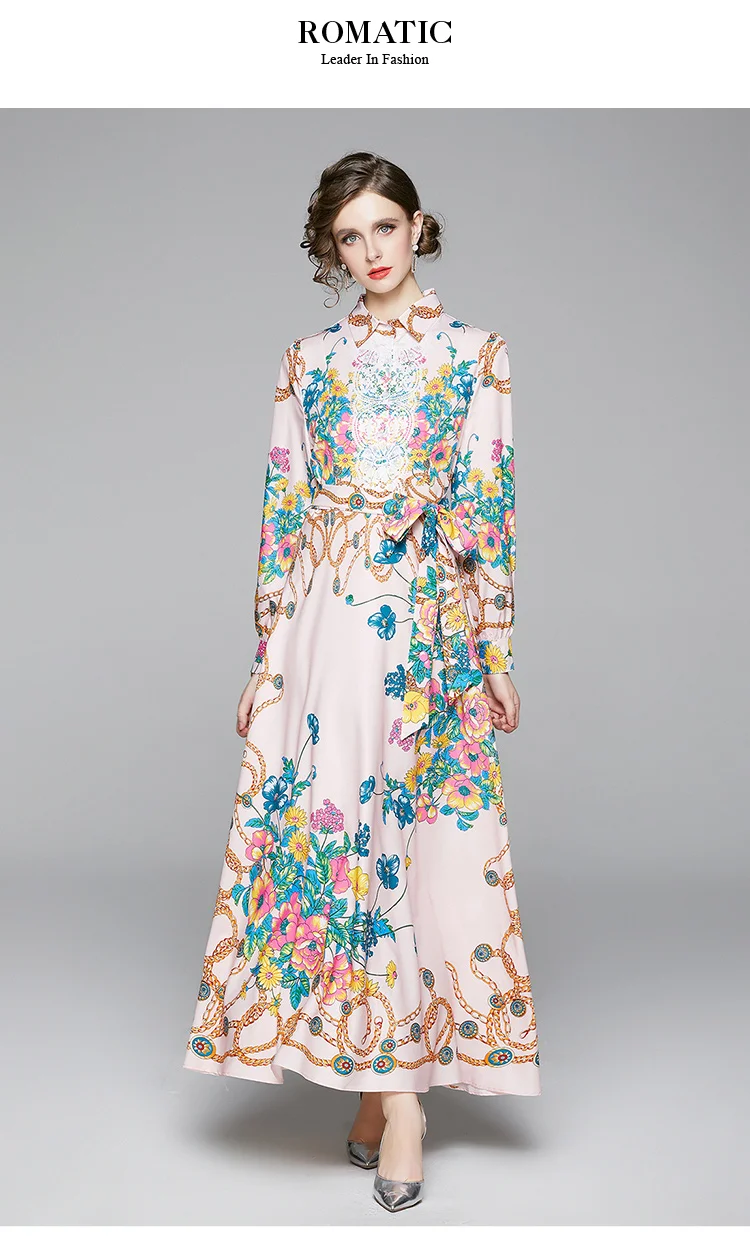 Женское однобортное платье с винтажным принтом длинное рукавом-рубашкой