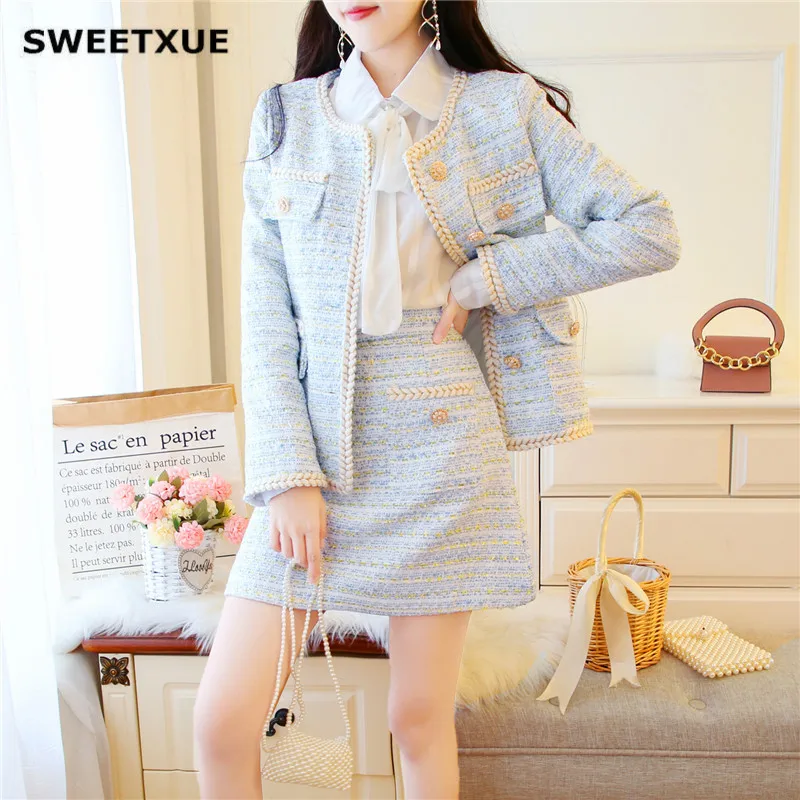 Женский твидовый костюм в клетку SWEETXUE однобортный пиджак с карманами + мини юбка