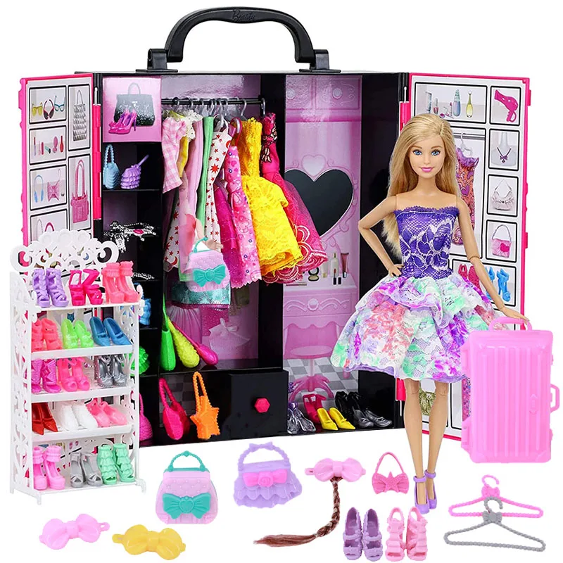

Barbies Doll 55 items=1x Wardrobe+1x Shoe Rack+1x Luggage+52x Accessories Doll Clothes Shoes Coat Hanger Bag Dollhouse Furniture
