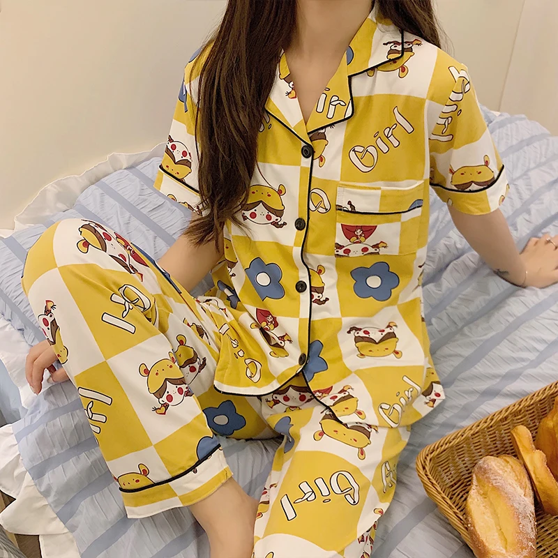 CAIYIER Autumn Winter Ladies Pajamas Set turn-down Collar Short Sleeve Trousers Casual Sleepwear Girls Cartoon Soft Pijama Suit