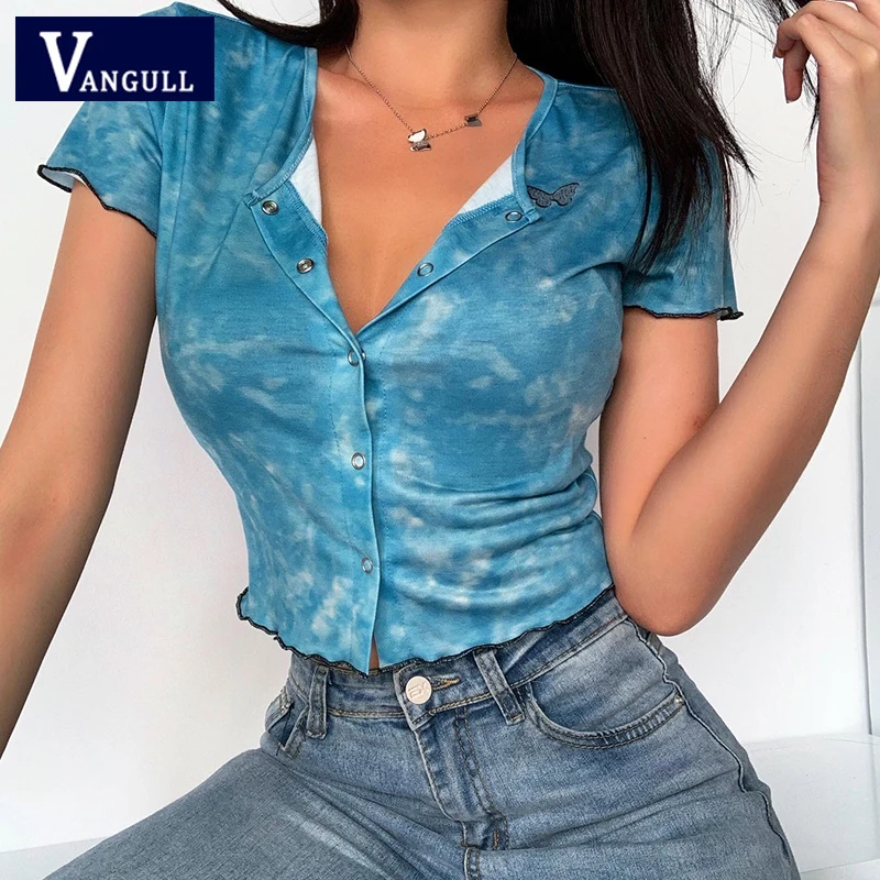 

Vangull Blue Tie-dyed Butterfly Embroidery T-shirt Women Short Sleeve Slim Summer O-Neck Button Cardigan T-shirt Casual Crop Top