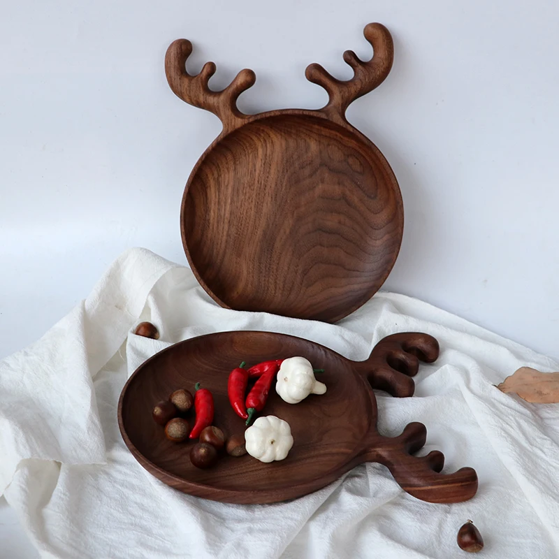 

Black walnut antler wooden tray nut plate snack creative wooden breakfast plate