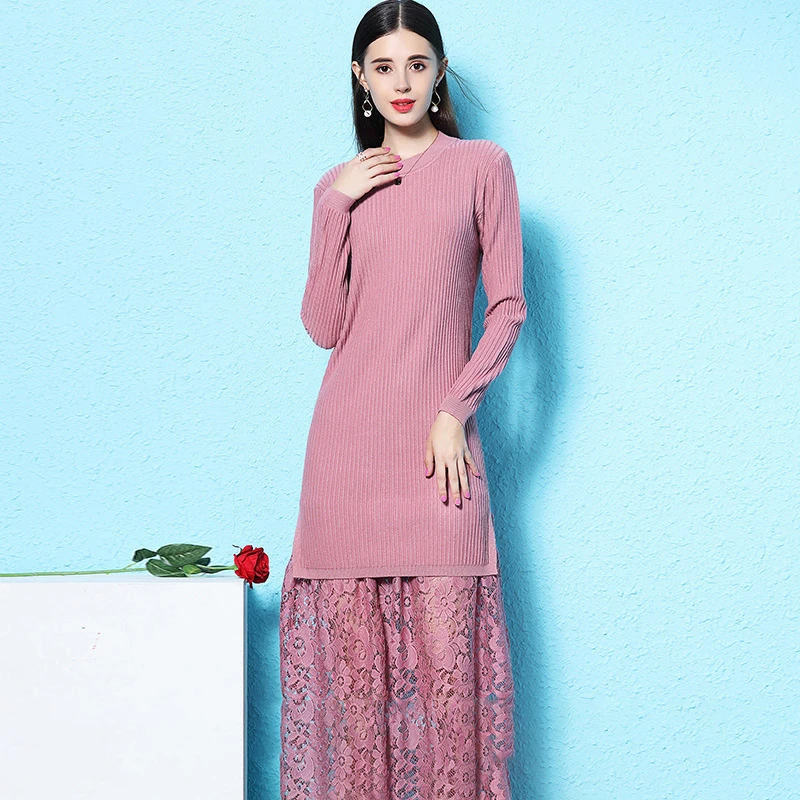 BACKFLY Women Knitted Dresses Lace Stitching Sweater Straight Dress female Autumn Winter Long Lady Ribbed Robe Pullover dresses |