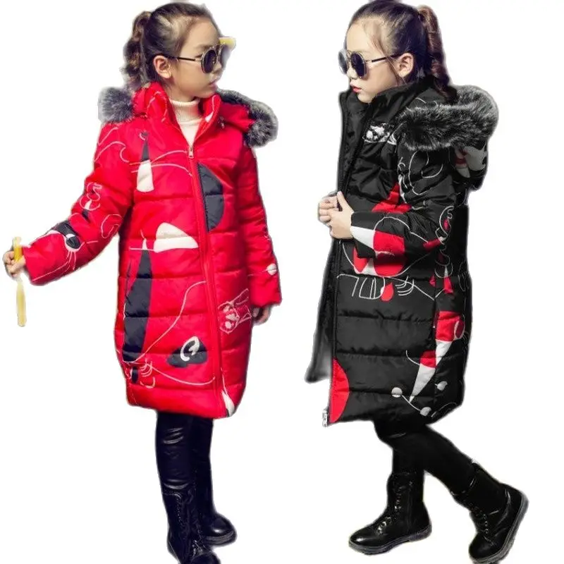 Зимняя длинная куртка с рисунком для маленьких девочек Детские теплые плотные